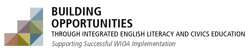 Building Opportunities logo image. Building opportunities through integrated English literacy and Civics Education. Supporting Successful W.I.O.A. Implementation. 