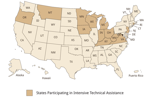  Indiana, Iowa, Kentucky, Michigan, Minnesota, Montana, New Jersey, Ohio, Oregon, Rhode Island, Virginia, West Virginia, and Wisconsin.