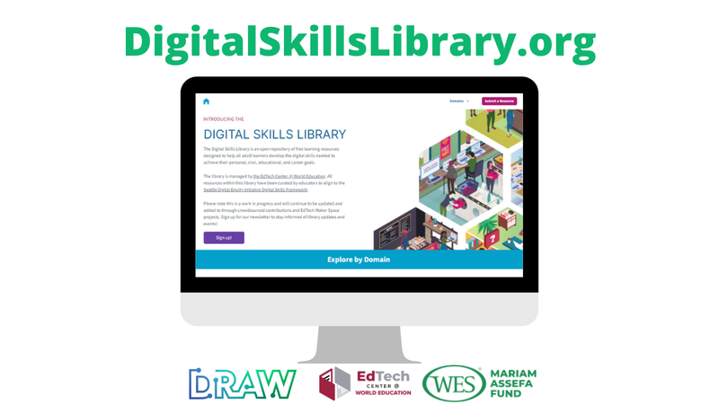 Computer display mockup of the digital skills library including the website digitalskillslibrary.org and logos for contributing partners to the digital skills library. 