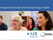 Image includes the resource's name: Integrated Education and Training Design Toolkit, a photo of four adults, and the logos of the course developers: AIR and Safal.