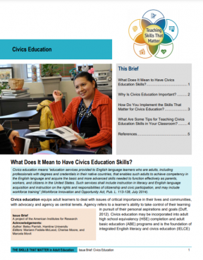 Cover page for the TSTM Issue Brief on Civics Education