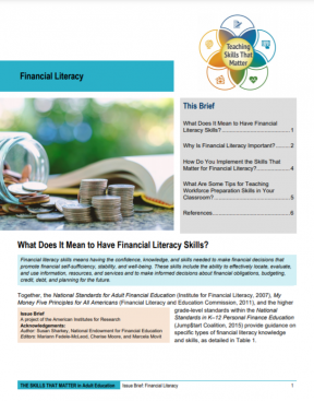 Cover page for the TSTM Issue Brief on Financial Literacy