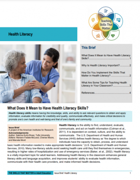 Cover page for the TSTM Issue Brief on Health Literacy