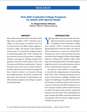 Title page for the article "Post-GED-Credential College Prospects for Adults with Special Needs"