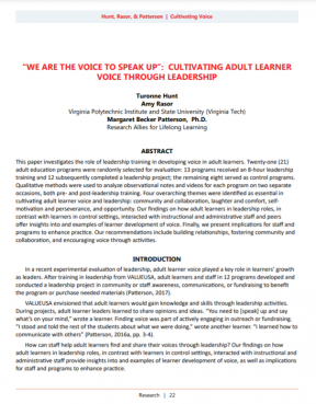 Title page for the article "We Are the Voice to Speak Up": Cultivating Adult Learner Voice through Leadership