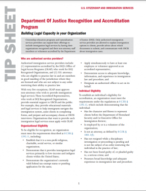 Cover page of the Department Of Justice Recognition and Accreditation Program Tip Sheet