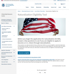 Screenshot of the Naturalization Eligibility Tool website