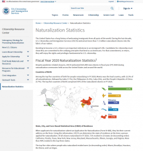 Screenshot of the website for Naturalization Statistics