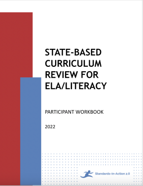 A red, blue, and white title page with black writing that says, “State-Based Curriculum Review for ELA/Literacy.”