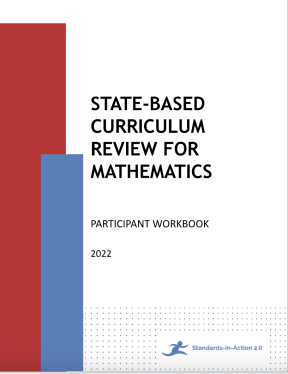 A red, blue, and white title page with black writing that says, “State-Based Curriculum Review for Mathematics.”