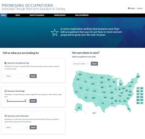 Image of the homepage of the Promising Occupations website. 