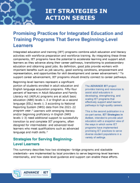 Image of Title Page: "Promising Practices for Integrated Education and Training Programs That Serve Beginning-Level Learners"