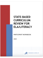 A red, blue, and white title page with black writing that says, “State-Based Curriculum Review for ELA/Literacy.”