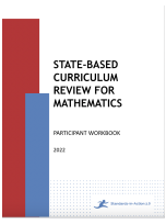 A red, blue, and white title page with black writing that says, “State-Based Curriculum Review for Mathematics.”