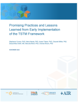 Screenshot of the cover of the "Promising Practices and Lessons Learned from Early Implementation of the TSTM Framework". There is a dark blue ribbon at the top with the TSTM-SkillBlox project logo on it. The title of the report is below that, with the authors' names below that. At the bottom, overlaying a light blue ribbon are the logos of the Institute of Educational Sciences, TSTM-SkillBlox, the CREATE Network, and American Institutes for Research.